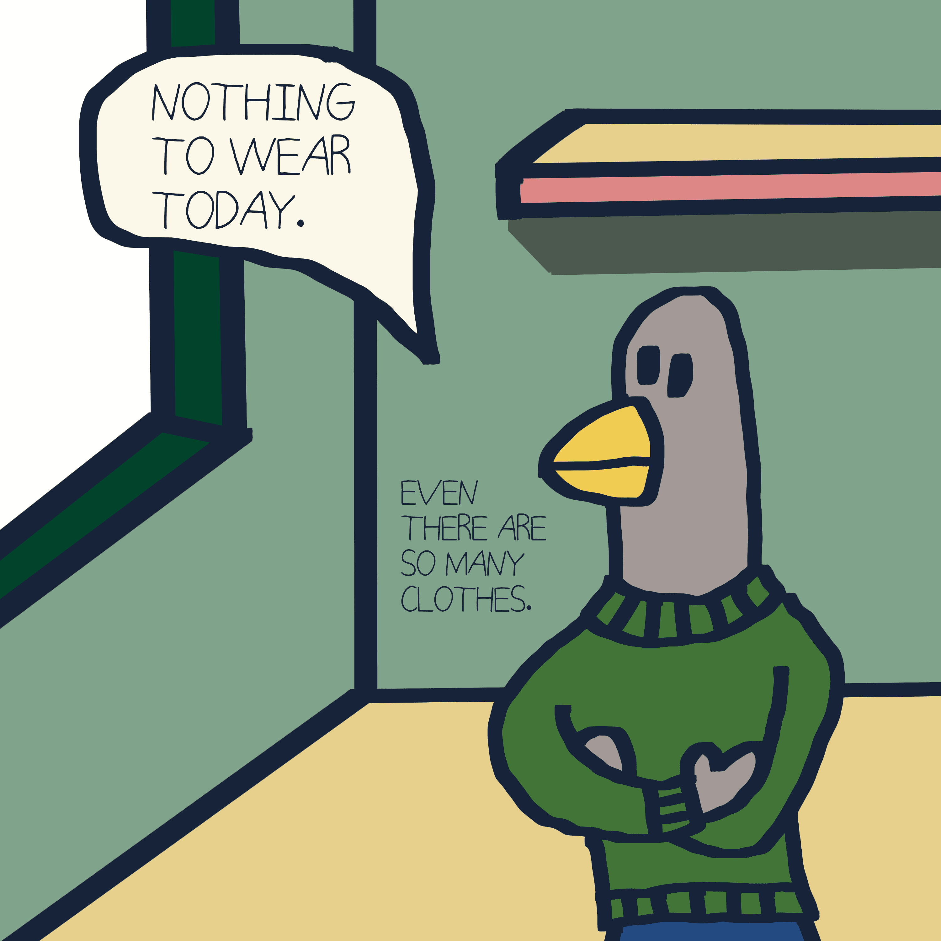 NOTHING TO WEAR TODAY. — Morris and Kolkadaks four-panel comic 3