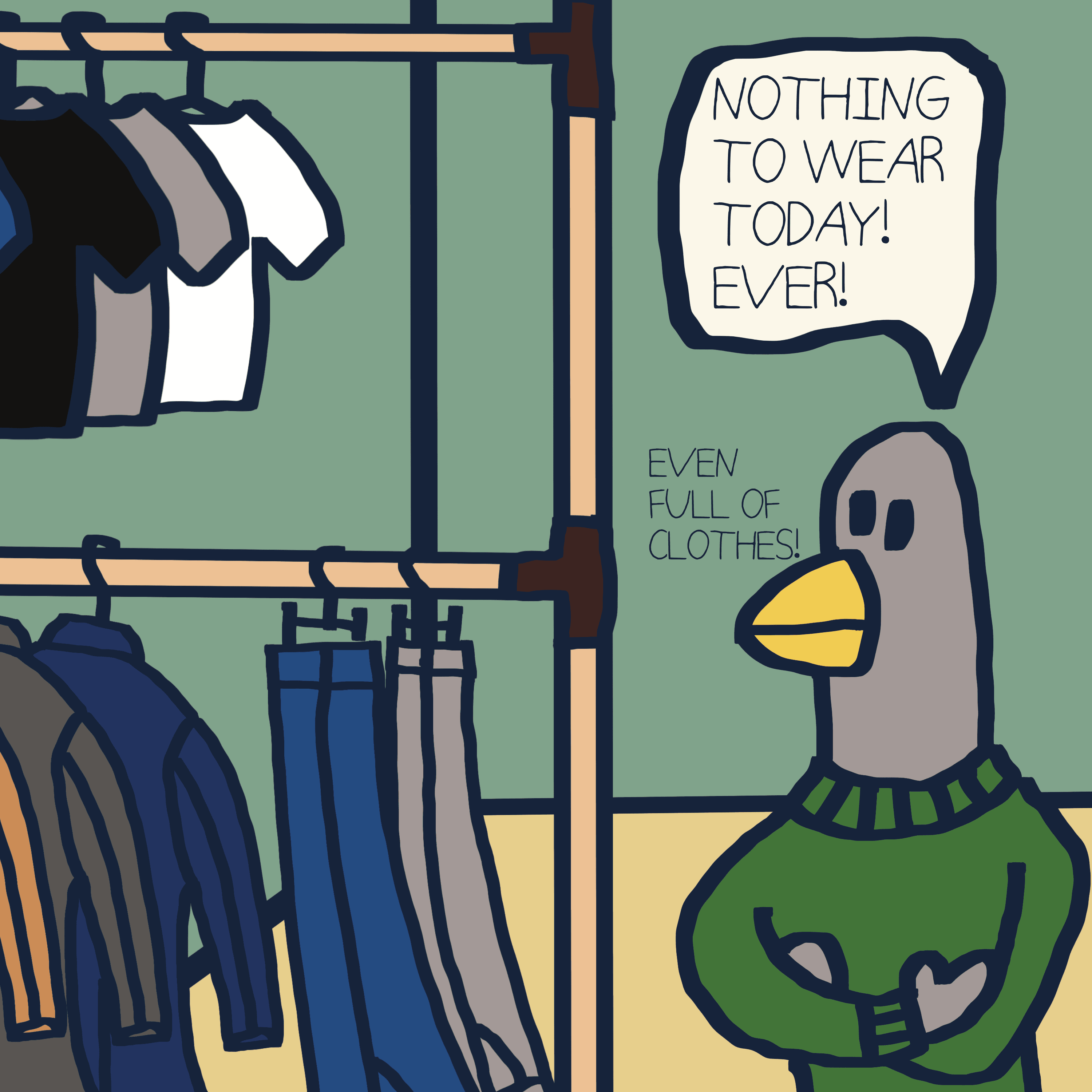 NOTHING TO WEAR TODAY. — Morris and Kolkadaks four-panel comic 11